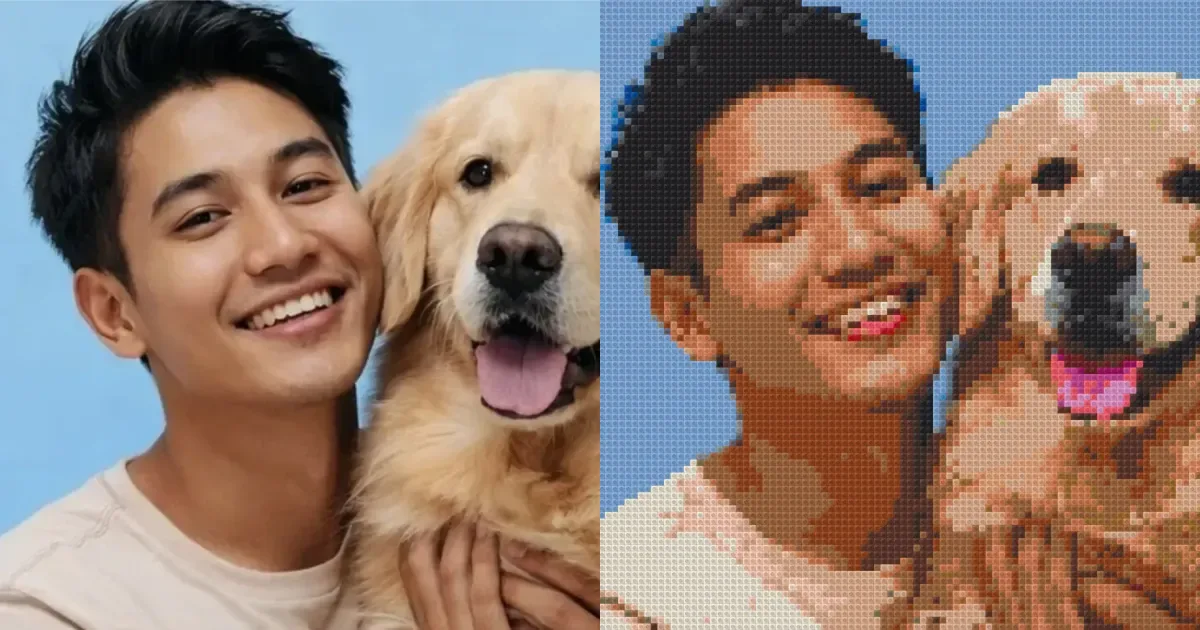 เปรียบเทียบรูปต้นฉบับชายกับสุนัขและภาพ Brick Mosaic